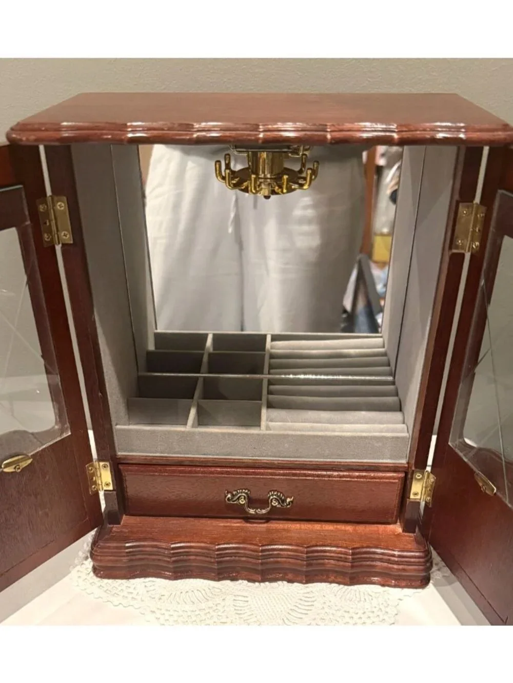 Vintage Wooden Musical Jewelry Armoire Glass Doors Necklace Carousel Mirror